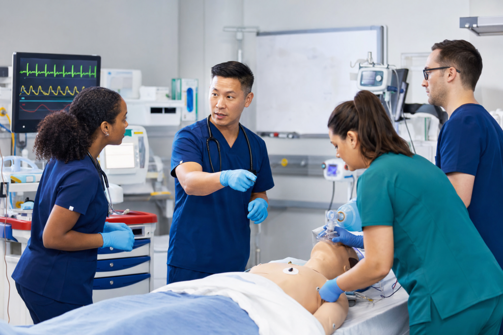 Clinical team practicing Advanced Cardiovascular Life Support in a simulation lab