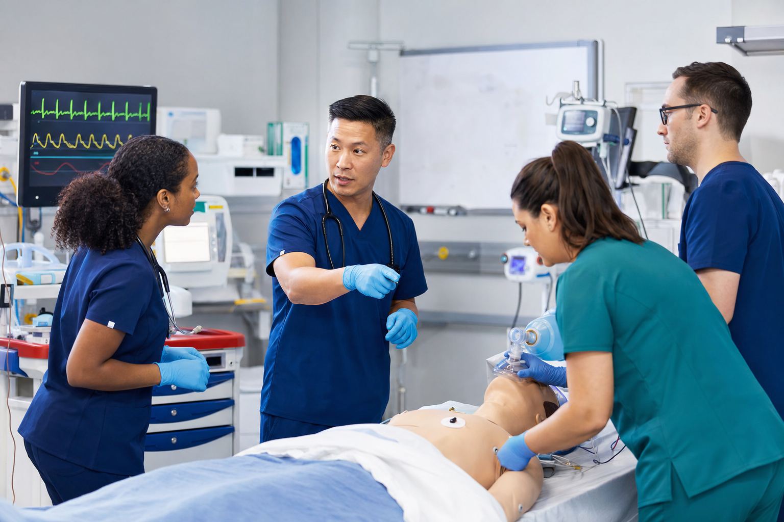 Clinical team practicing Advanced Cardiovascular Life Support in a simulation lab