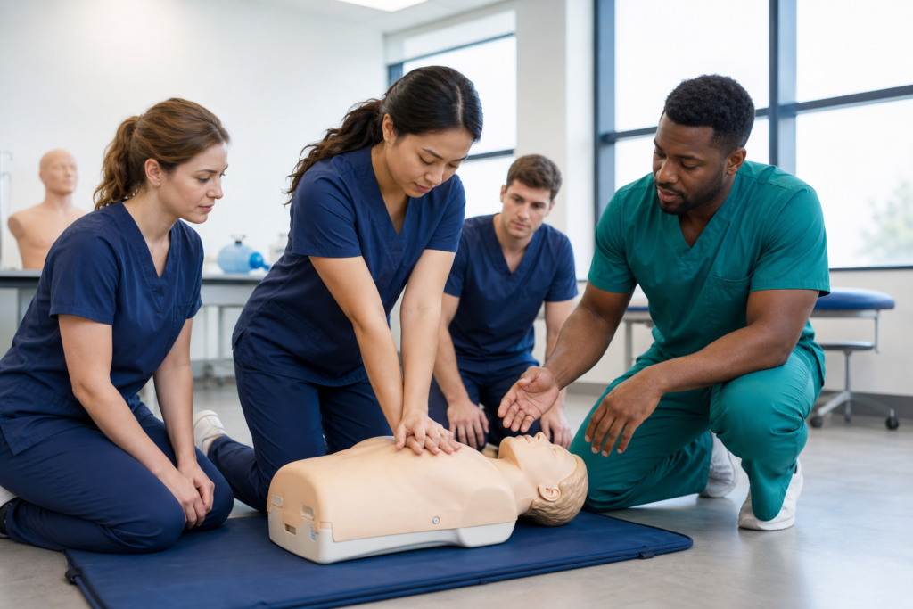 Healthcare professionals practicing Basic Life Support CPR on a training mannequin
