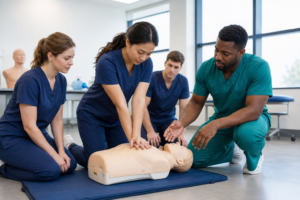 Healthcare professionals practicing Basic Life Support CPR on a training mannequin