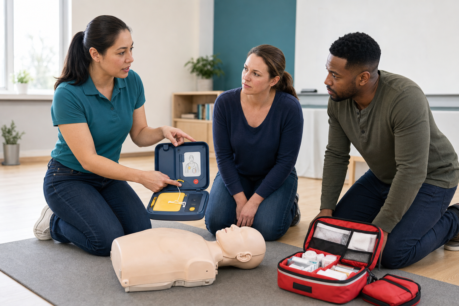 Instructor demonstrating an AED trainer during a Heartsaver first aid class